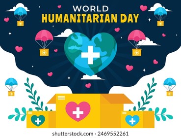 Ilustración vectorial del Día Mundial Humanitario con una celebración global de Personas de ayuda, caridad, donaciones y voluntariado en un fondo plano