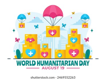 World Humanitarian Day Vector Illustration featuring a Global Celebration of Helping People, Charity, Donations, and Volunteering on a Flat Background