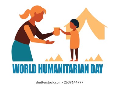World Humanitarian Day vector illustration of a kind girl helping an elderly person in a refugee camp with tents, mountains, and hope. Perfect for awareness, charity, and humanitarian projects.