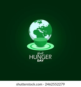 In: World Hunger Day Event Banner. Illustration der Erde, die vor einer leeren Schüssel und einem Teller auf dunkelgrünem Hintergrund steht, um an den 28. Mai zu erinnern