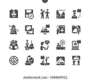 World Hydrography Day 21 June. Map and compass. Hydrography studies. Calendar. Twenty first of june. Ocean shipping safety. Seaman and boat. Vector Solid Icons. Simple Pictogram