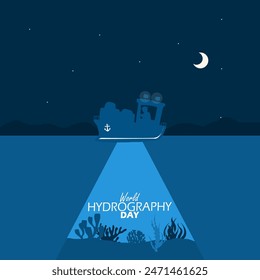 World Hydrography Day event banner. A ship that uses hydrography to detect underwater conditions at night to celebrate on June 21st