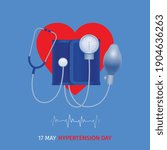 World hypertension day poster with tonometer on heart symbol above electrocardiogram rate graph blue background vector illustration