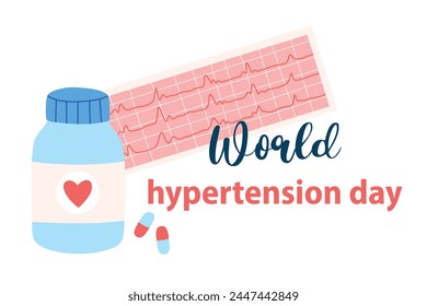 World Hypertension Day. Tablets and electrocoordiogram. Vector banner on the theme of hypertension.