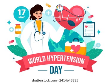 World Hypertension Day Vector Illustration on May 17th with High Blood Pressure, Tensimeter and Red Love Image in Healthcare Flat Background