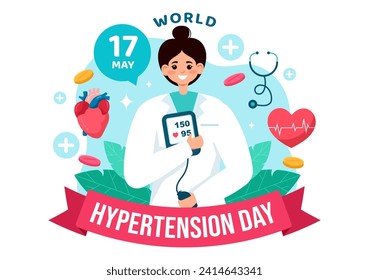 World Hypertension Day Vector Illustration on May 17th with High Blood Pressure, Tensimeter and Red Love Image in Healthcare Flat Background