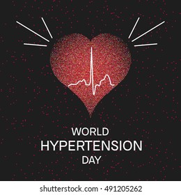 World Hypertension Day. Vector illustration of heart and cardiogram on black background. Pulse symbol and heartbeat label. Medical concept.