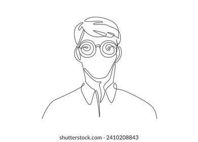 World Hypnotism Day. One single line drawing of young handsome man wearing hypnotizing glasses.  Technique through which one can affected an access subconscious mind to change behavior.