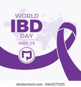 World IBD Day poster vector illustration. Purple awareness ribbon symbol. Template for background, banner, card. World Inflammatory Bowel Disease Day on 19 May each year. Important day