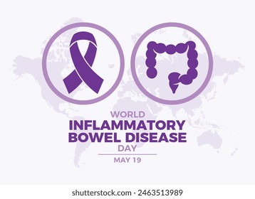 World IBD Day poster vector illustration. Purple awareness ribbon symbol. Template for background, banner, card. World Inflammatory Bowel Disease Day on 19 May each year. Important day