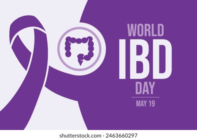World IBD Day poster vector illustration. Purple awareness ribbon symbol. Template for background, banner, card. World Inflammatory Bowel Disease Day on 19 May each year. Important day