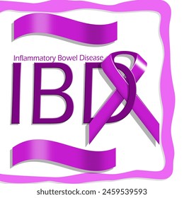 World IBD (Inflammatory Bowel Disease) Day event banner. Purple ribbon with bold text in frame on white background to commemorate on May 19th