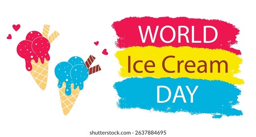 World Ice Cream Day banner. Waffle cones with fruit berry ice cream toppings. Text and treat. Bright colorful design, vector graphics