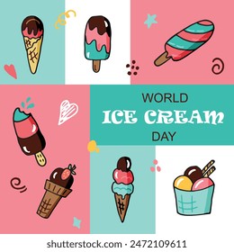 Texto dibujado a mano del Día Mundial del Helado. Caligrafía de pincel moderna, tipografía de letras. Ilustración colorida del Vector con diversos tipos de helado, conjunto de iconos del helado que dibujan en estilo del doodle