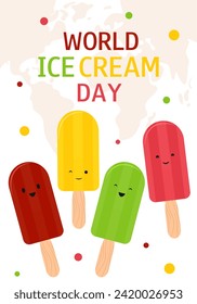 World Ice Cream Day vector background. Cute ice cream and world map. Design for banner, flyer, greeting card, poster.