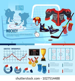 World ice hockey championship infographic, players shoots the puck and attacks, signs and symbols. Hockey team, sport uniform