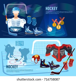 World ice hockey championship, players shoots the puck and attacks, signs and symbols elements of professional hockey banner. Hockey team, sport uniform. 