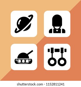 world icon. 4 world set with gymnast, war tank, england and saturn vector icons for web and mobile app