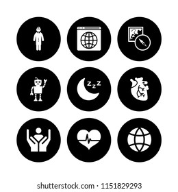 world icon. 9 world set with www, map and compass orientation tools, heart and humanitarian vector icons for web and mobile app