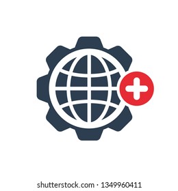 World icon with add sign. World icon and new, plus, positive symbol 