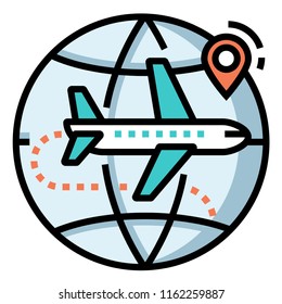 World icon with airplane and pinpoint vector illustration in line color design