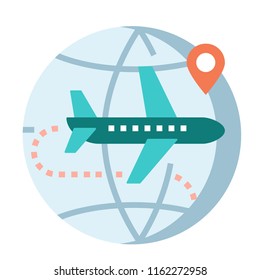 World icon with airplane and pinpoint vector illustration in flat color design