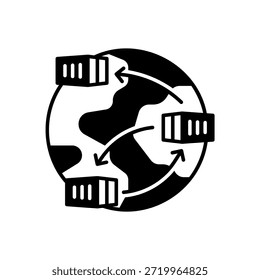 Icono del mundo con una flecha colocada en cada estilo negro del relleno del icono del envase del envío en fondo blanco aislado
