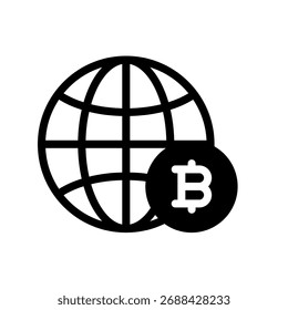 Ícone mundial e Bitcoin, simbolizando a rede global de criptografia e o mercado mundial
