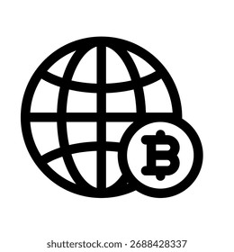 Icono mundial y Bitcoin, que simboliza la red criptográfica global y el mercado mundial
