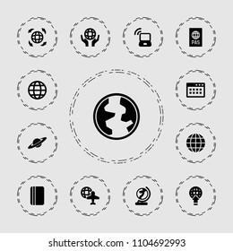 World icon. collection of 13 world filled icons such as globe and plane, holding globe, browser window, laptop signal, passport. editable world icons for web and mobile.