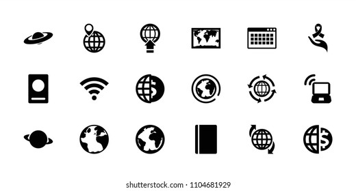 World icon. collection of 18 world filled icons such as passport, globe, ribbon on hand, wi-fi, laptop signal, globe dollar, planet. editable world icons for web and mobile.
