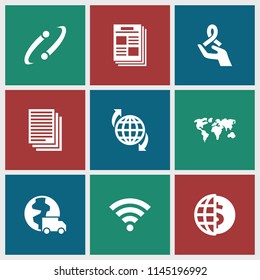 World icon. collection of 9 world filled icons such as wi-fi, globe dollar, newspaper, international delivery, planet and satellite. editable world icons for web and mobile.