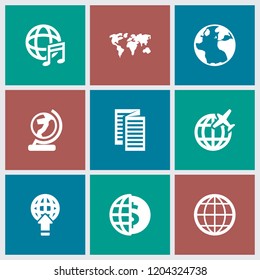 World icon. collection of 9 world filled icons such as globe, globe download, globe dollar, plane, news. editable world icons for web and mobile.