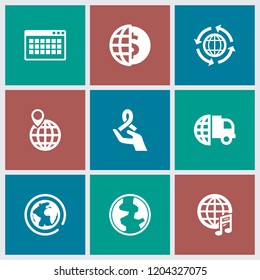 World icon. collection of 9 world filled icons such as international delivery, globe dollar, planet, globe, pin on globe. editable world icons for web and mobile.