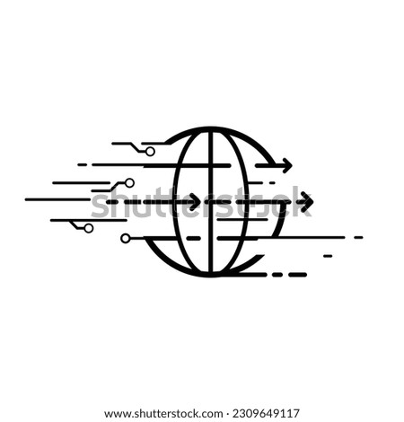 World icon with digital circuit symbol and dash line arrow moving rapidly. Fast changing world concept. Vector illustration outline flat design style.