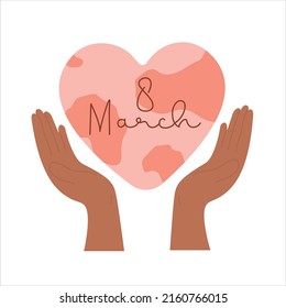 World icon in female hands. Symbol for women's day. International Womens Day concept. Editable Vector.