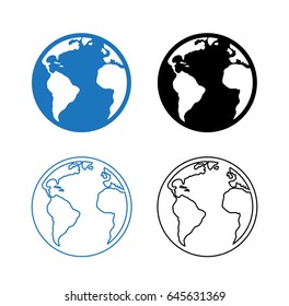 World icon in flat and linear style. Blue and black sign of earth. Round pictogram