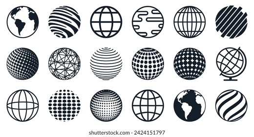 Conjunto plano de iconos mundiales, iconos de la Tierra, globos con mapas del mundo, establecer hemisferios del planeta Tierra con continentes - vector