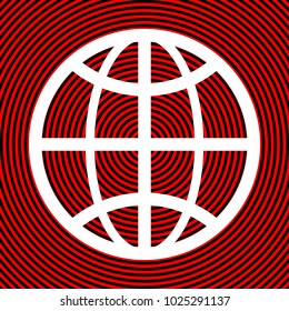 World icon. Globe.icon. Earth sign. Vector. White icon on red and black radial pattern as background. Isolated.