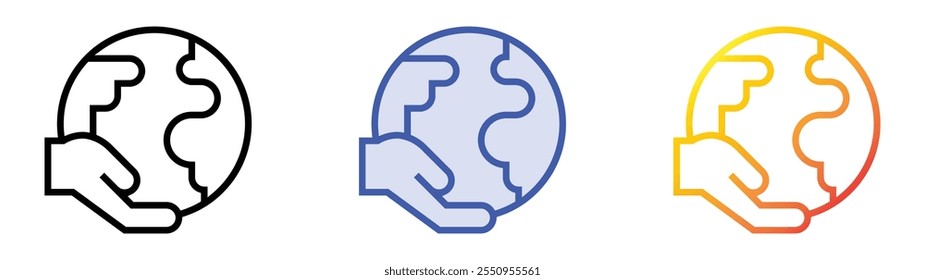 Weltsymbol. Lineares, blaues Füllungs- und Farbverlauf-Design einzeln auf weißem Hintergrund