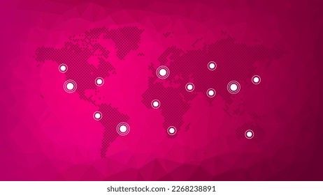 Icono mundial con punteros de mapa en patrón triangular. Fondo vector poligonal para página web, plantilla, muestra, infografía, negocios globales, viajes