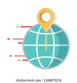 World icon moving with pinpoint vector illustration in flat color design