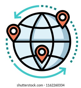World icon with a pinpoint and around arrow vector illustration in line color design