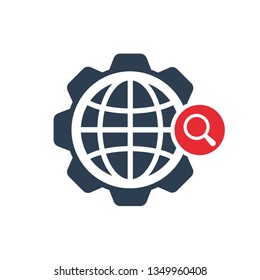 World icon with research sign. World icon and explore, find, inspect symbol 