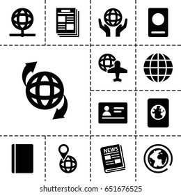 World icon. set of 13 filled worldicons such as passport, globe and plane, qround the globe, news, newspaper