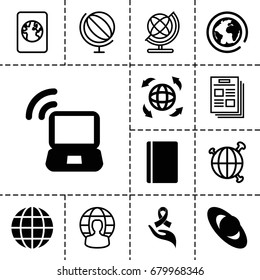 World icon. set of 13 filled and outline world icons such as passport, globe, ribbon on hand, laptop signal, planet, user globe