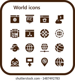 world icon set. 16 filled world icons.  Simple modern icons about  - Browser, Flag, Homepage, Web site, Compass, Network, Portuguese, Earth grid, Worldwide, Earth globe, Plant