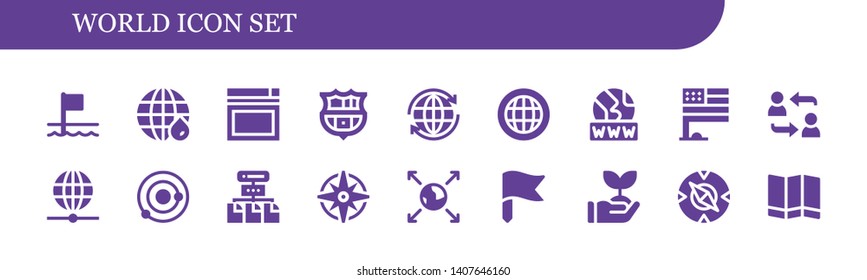 world icon set. 18 filled world icons.  Simple modern icons about  - Flags, Earth grid, Website, Barcelona, Worldwide, Globe, Www, Flag, Network, Solar system, Windrose, Earth globe