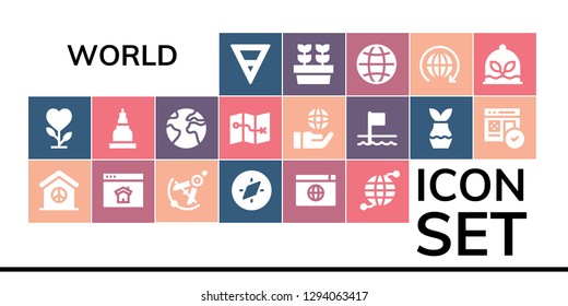  world icon set. 19 filled world icons. Simple modern icons about  - Earth, Plant, Peace, Homepage, Compass, Browser, Earth grid, Temple, Map, Globe, Flags, Web, Plants, Worldwide