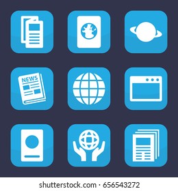 World icon. set of 9 filled world icons such as passport, news, holding globe, globe, newspaper, planet